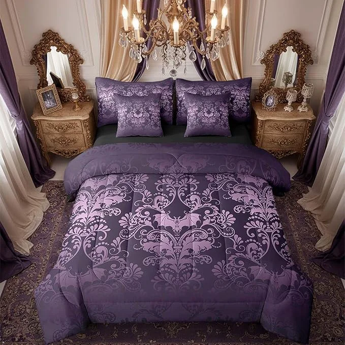 Clean Erosebridal Gothic Damask Bed in a Bag King Size Comforter Set 7 Pieces Halloween Bat Bedding Sets Purple Victorian Floral Goth Sheet Set with Comforter High-Performance