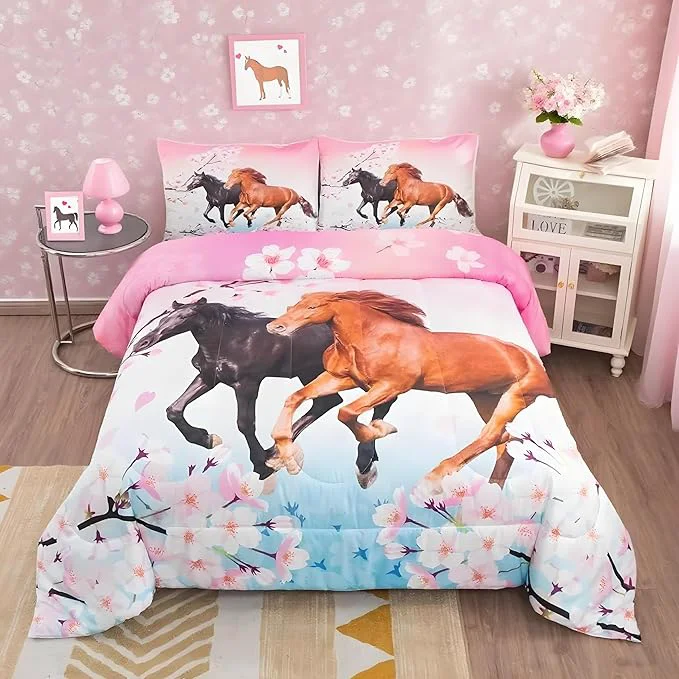 Professional Feelyou Girls Horse Comforter Set Full Size Galloping Horses Bedding Set for Kids Teens Cherry Blossom Comforter 3D Wild Animal Duvet Set Farmhouse Bedroom Decor Quilt Set with 2 Pillow Cases 3Pcs World-Class