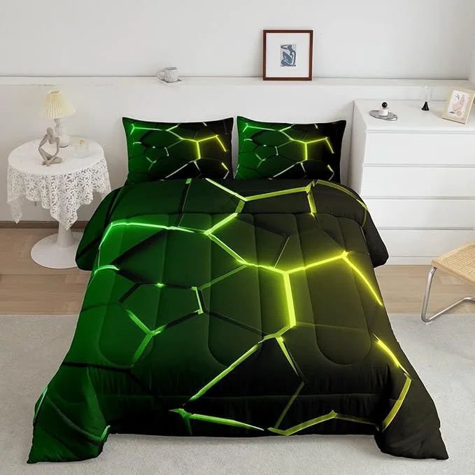 Original Honeycomb Comforter Green Yellow Hexagonal Print Bedding Set for Kids Boys Girls Children Beehive Geometrical Comforter Set Ultra Soft Decor Reticulated Duvet Set Toddler Size Exceptional