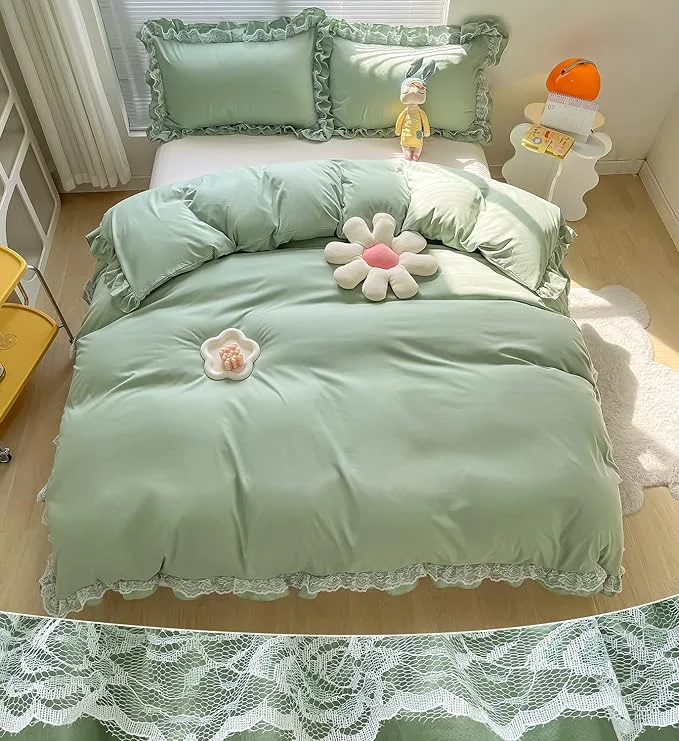 Quality MOOWOO Chic Ruffle Lace Polyester Duvet Cover Set -Girl Green Bedding-3 Piece Full Duvet Cover with Zipper Closure -Ultra Soft and Light Weight Safe