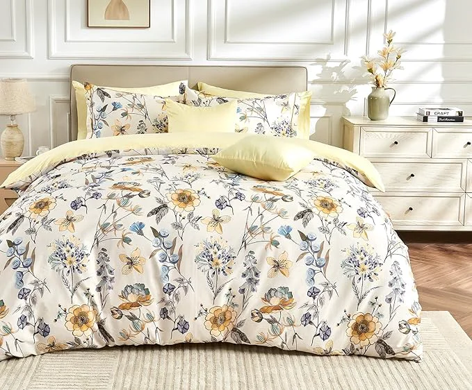 Minimalist King Size Duvet Cover Set with Button Closure – Blue and Yellow Botanical Luxury Bedding for a Comfortable Sleeping Easy-to-Use