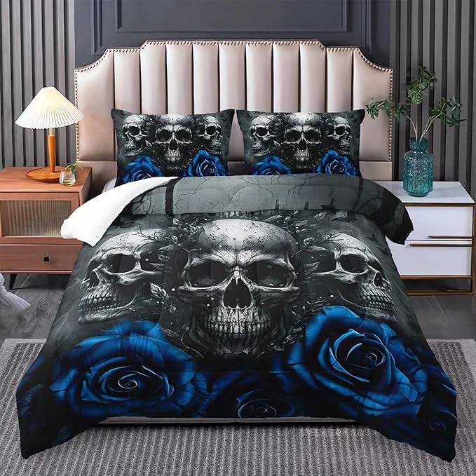 Original Design Skull Bedding Set – Twin Size Gothic Skull Comforter Set – Blue amp Black Quilt Healthy