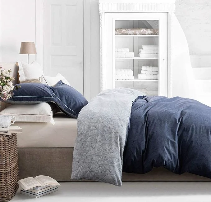 Reusable SLEEPBELLA Duvet Cover Twin Size 600 Thread Count Cotton Navy amp Grey Printed with Luxurious Blue Leaves Pattern Reversible Botanical Comforter Cover Sets Bedding Set 2Pcs Twin Navy-Blue Leaves Luxury