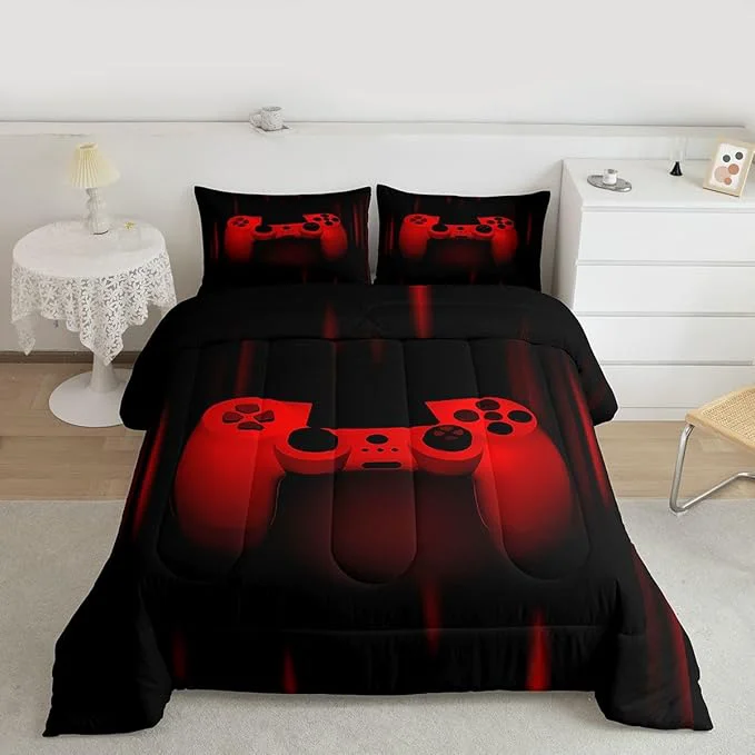High-Quality Feelyou Boys Gamer Comforter Set - Toddler Size Gaming Bedding Set for Kids amp Teens - Super Soft Red amp Black Bed Set with Geometric Duvet amp Quilted Gamer Gift Reliable