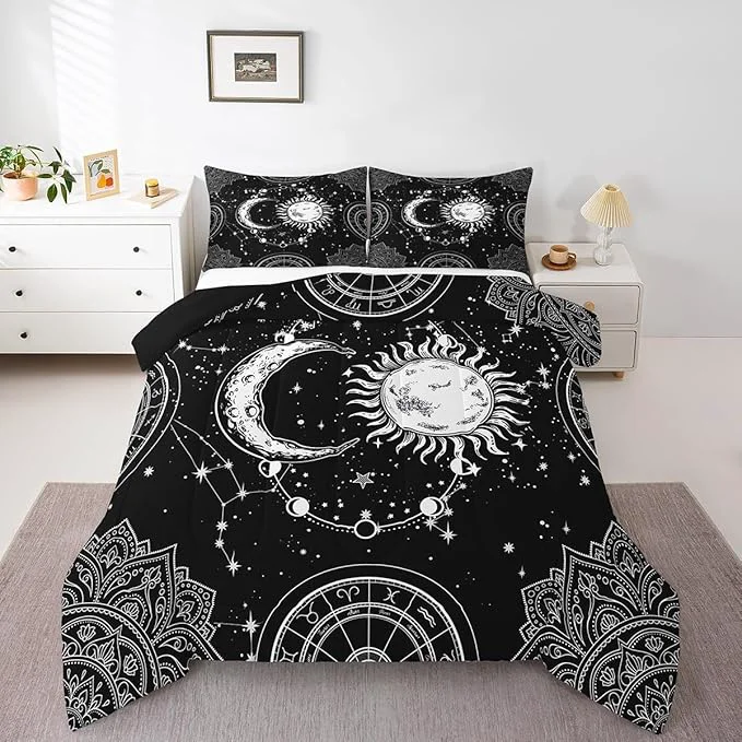 Detailed Sun and Moon Bedding Set Constellation Galaxy Comforter Set for Kids Boys Girls Teens Psychedelic Boho Mandala Comforter Breathable Celestial Duvet Set Black White Room Decor Quilt Cover King Size Exceptional