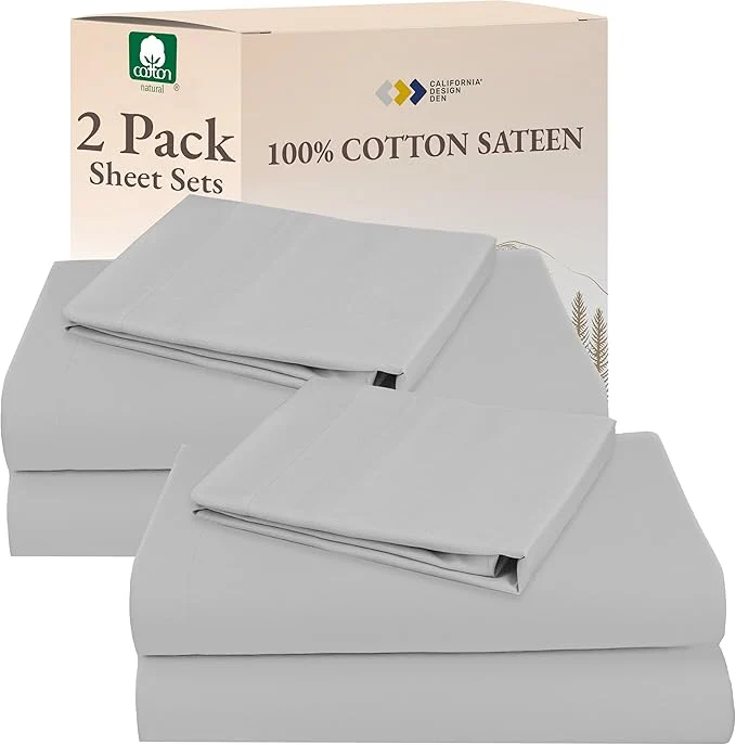Powerful California Design Den Cotton 2-Pack Twin Size Bed Sheets Soft amp Durable Twin Sheet Set Cotton with 12 quot Pockets Twin Sheet Set with Sateen Sheets Light Grey Natural