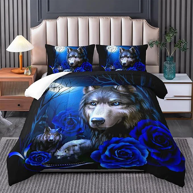 Eco-Friendly Wolf Bedding Set King Size Blue Rose King Size Comforter Set King Size Wolf Comforter Bed Set King Quilt Bedding Set Rose Wolf Bedding Set King Size Animal Print Comforter Set Reliable