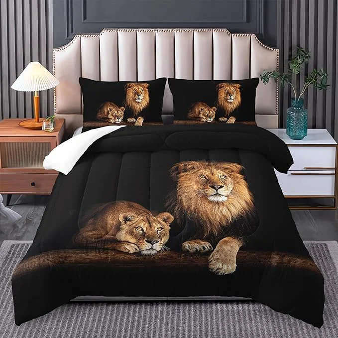 Enhanced Lion and Lioness Comforter Set King Size Lion Bedding Set King King Animal Print Black Comforter Set Tropical African Animal 3D Print Bedding Black Bed Set Safe