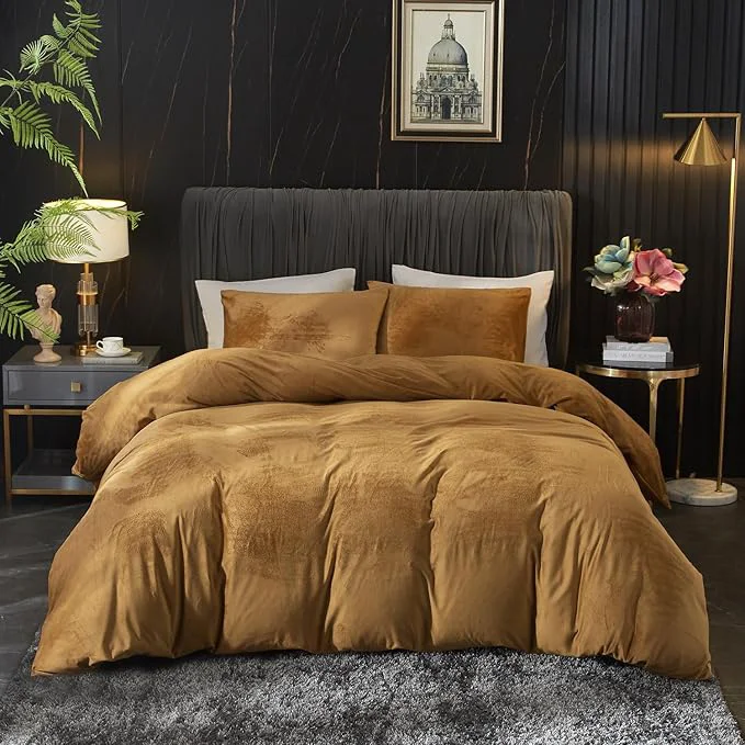 Ivellow Velvet Duvet Cover Queen Set Rust Velvet Duvet Cover Queen Comforter Cover 3Pcs Ultra Soft Duvet Cover Breathable Solid Luxury Flannel Velour Duvet Cover Zipper Closure Corner Tie Contemporary