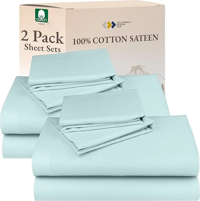 Environmentally Friendly California Design Den Cotton 2-Pack Sheets Set for Queen Size Bed Soft amp Durable Cotton Sheets Deep Pocket Queen Sheet Set with Sateen Sheets Seafoam Contemporary