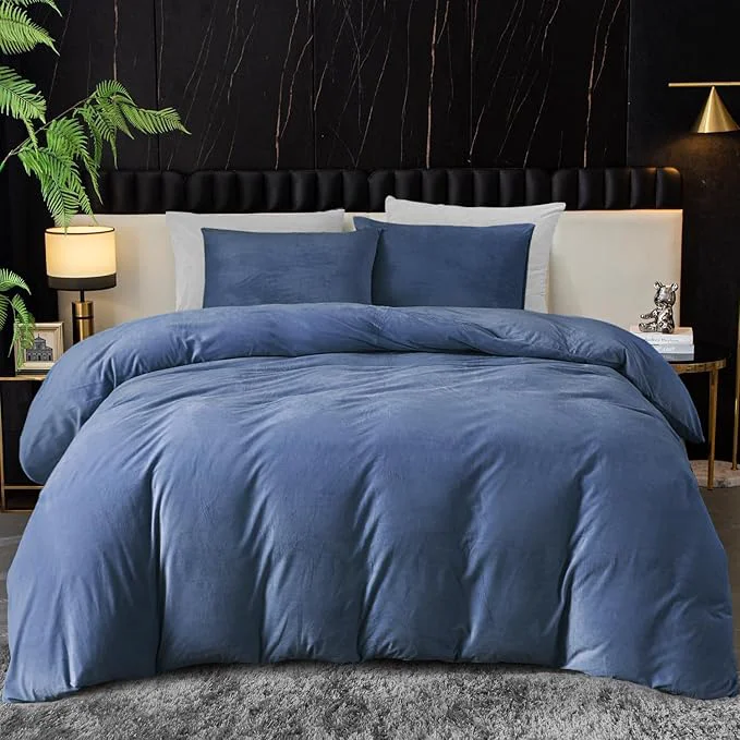 Contemporary Ivellow Velvet Duvet Cover King Set Blue Comforter Cover 3Pcs Ultra Soft Cover Breathable Solid Luxury Flannel Velour Duvet Cover Zipper Closure Corner Tie Optimized