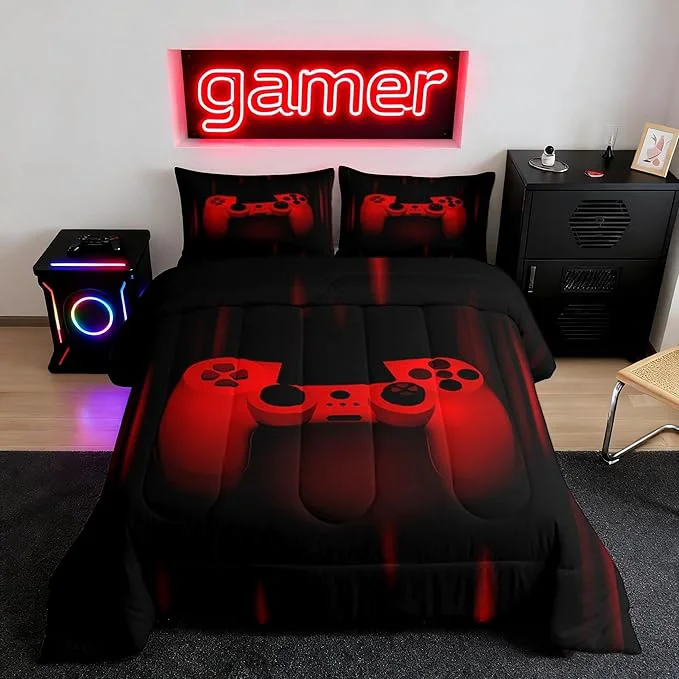 Top-Quality Feelyou Boys Gamer Comforter Set Full Size Gaming Bedding Set Kids Video Games Comforter for Teen Child Gamer Room Decor Super Soft Red Black Bed Set Microfiber Game Geometric Duvet Quilted Gamer Gift Eco-Friendly