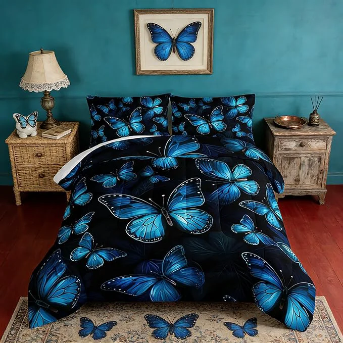 Durable Dream Blue Butterfly Comforter Set Queen Size Boho Bedding Comforter Sets for Kids Boys Girls Bedroom Decor Aesthetic Animal Themed Bedding Soft Fluffy Comforter Sets with 2 Pillowcases. Fast