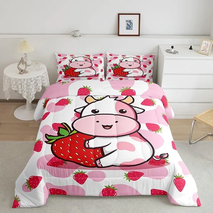 Natural Feelyou Milk Cow Comforter Pink White Cow Strawberry Pattern Comforter Set Bedding Set for Kids Adults Kawaii Girls Milk Cow Duvet Set Ultra Soft Room Decor Full Size Quilt Set Classic