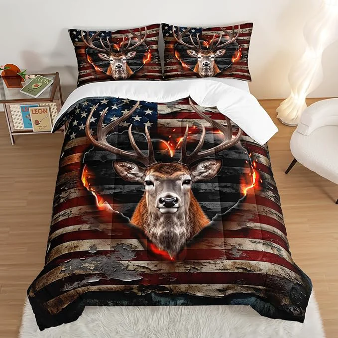 Practical Deer Bedding Sets for Kids Boys Girls Room Decor Hunting Themed American Flag Bedding Comforter Sets Western Comforter Sets Camo Queen Bedding Set with 2 Pillowcases. Versatile
