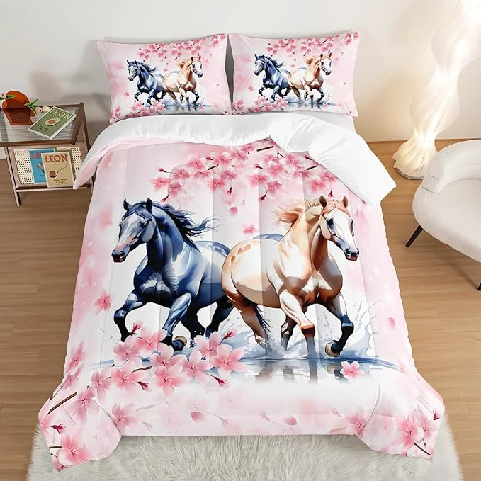 Fine Crafted Horse Comforter Set Kids Bedding King Size Pink Cherry Blossom Bedding Set for Girls Boys Teens Bedroom Decor Aesthetic Galloping Horse Bedding Comforter Sets with 2 Pillowcases. Official