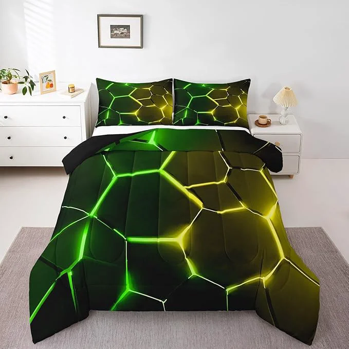 Safe Feelyou Honeycomb Comforter Green Yellow Hexagonal Print Bedding Set for Kids Boys Girls Children Beehive Geometrical Comforter Set Ultra Soft Decor Reticulated Duvet Set Twin Size Durable