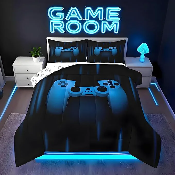 Exclusive Feelyou Boys Gamer Comforter Set Full Size Bedding Set for Kids Gaming Comforter Blue Black Video Games Gamepad Room Decor for Teens Child Super Soft Geometric Duvet Quilted Son Grandson Gift Verified