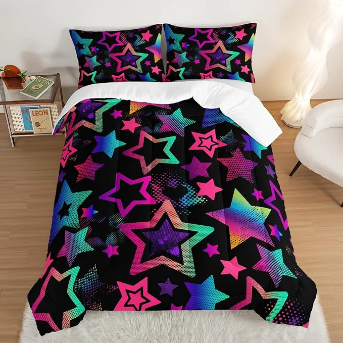 Effective Kawaii Color Star Comforter Set Kids Bedroom Set Neon Light Star Bedding King Size Comforter Sets for Boys Girls Room Decor Aesthetic Bedding Sets with 2 Pillowcases. User-Friendly