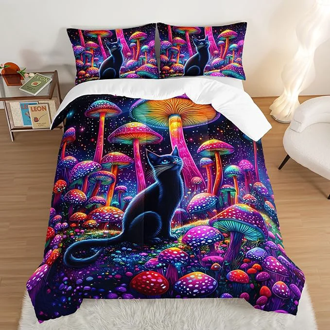 Effective Cute Black Cat Bedding Set King Size Kids Cartoon Cat Mushroom Flash Comforter Set for Kids Girls Boys Room Decor Boho Style Botanical Bedding Sets with 2 Pillowcases. Versatile