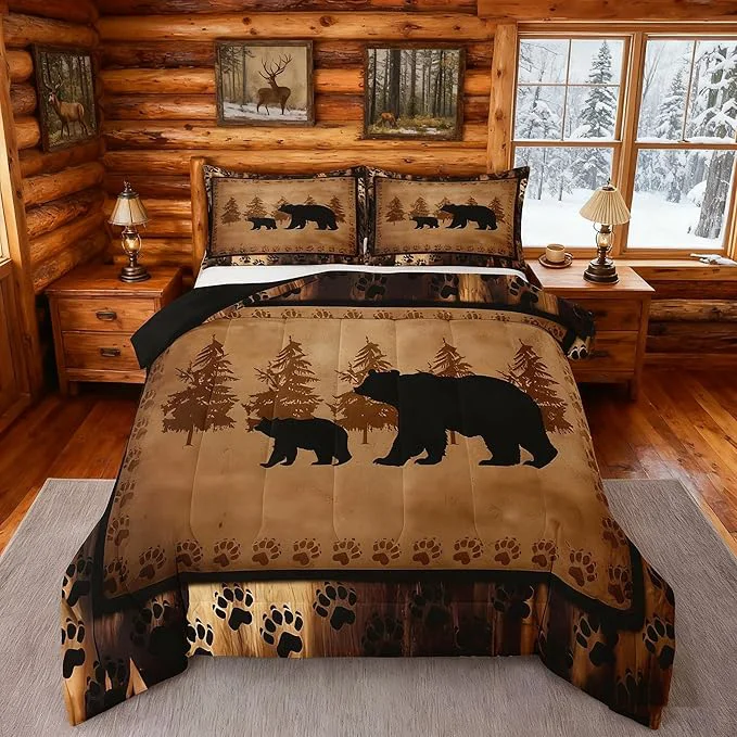 Fashionable Bear Comforter Set Full Size Farmhouse Wild Animal Retro Family Bedding for Kids Boys Girls Brown Paws Duvet Rustic Bedroom Decor Quilted Set 3Pcs Luxury
