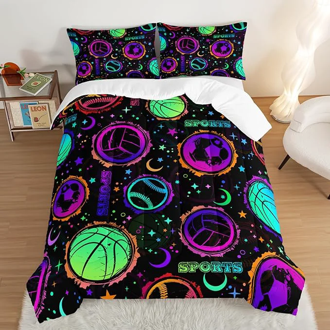 Reliable Ball Games Bedding Basketball Football Baseball King Comforter Set Colorful Neon Stars and Moon Bedding Set for Kids Girls Boys Room Decor Sports Aesthetic Bedding Sets with 2 Pillowcases. High-Grade