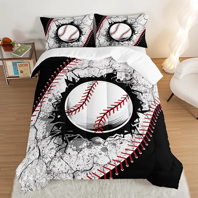 Versatile Baseball Comforter Sports Bedding Sets for Boys Sports Gamer Bedding Set for Kids Girls Boys Room Decor Black White Baseball Printed Twin Bed Comforter Set with 2 Pillowcases. Environmentally Friendly