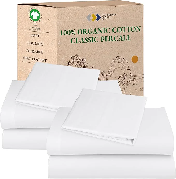 Expertly Made California Design Den 2-Pack Twin XL Sheet Sets – Organic Cotton Crisp and Breathable Percale Twin XL Bed Sheets Deep Pockets Lightweight Bedding Set – White Relaxed