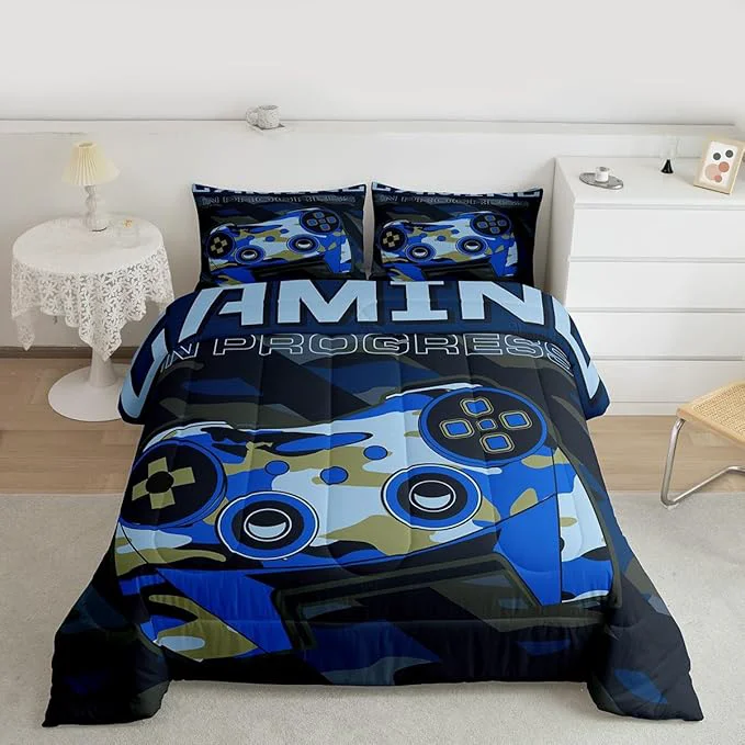 Official Boys Gaming Comforter Set Twin Size Teens Gamer Bedding Set Retro Blue Camouflage Video Game Controller Comforter For Kids Youth Bedroom Decor Gamer Console Action Buttons Duvet Set Microfiber Luxury