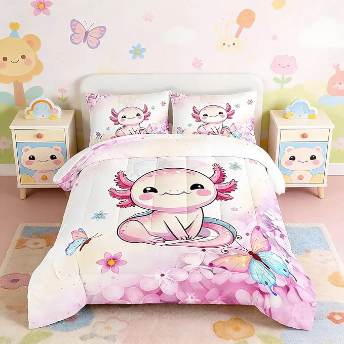 Practical Cartoon Axolotl Comforter Kids Bedding Set Axolotl Flower Butterfly Bedding King Size for Boys Girls Room Kawaii Decor Pink Toddler Comforter Sets with 2 Pillowcases. Safe