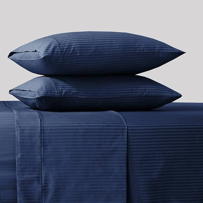 Innovative Feather amp Stitch 500 TC California King Size Bed Sheet Set Cotton Soft Breathable Bedsheets 4 Piece 18 quot Deep Pockets Sateen Weave Striped Bedding Mattress Resort Hotel – Dark Blue Stripe Secure
