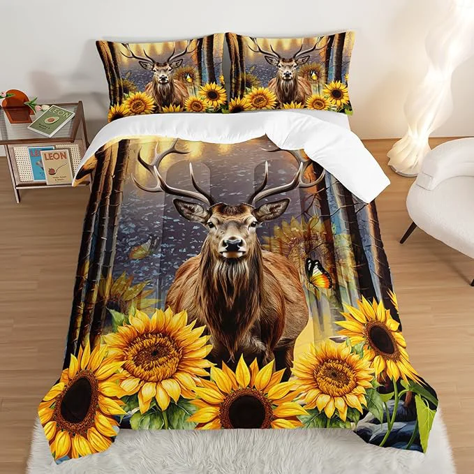 Powerful Deer Bedding Sets for Kids Boys Girls Room Decor Hunting Themed Forest Sunflower Bedding Comforter Sets Western Comforter Sets Woodland Camo King Bedding Set with 2 Pillowcases. Relaxed
