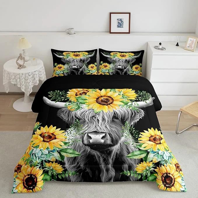 Sustainable Feelyou Highland Cow Bedding Set Kids Sunflower Floral Western Cow Bull Comforter Set for Girls Teens Farmhouse Wildlife Animal Comforter Black Duvet Set Room Decor Quilt Set King Size Efficient