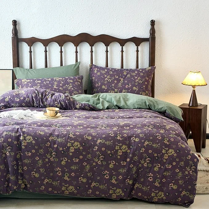 High-Grade mixinni Vintage Floral Duvet Cover King Set – Purple amp Green Reversible Jacquard Yarn-Dyed Double-Layer Cotton Breathable Luxury Bedding 3-Piece Includes 2 Pillowcases Farmhouse amp Bohemian Sophisticated