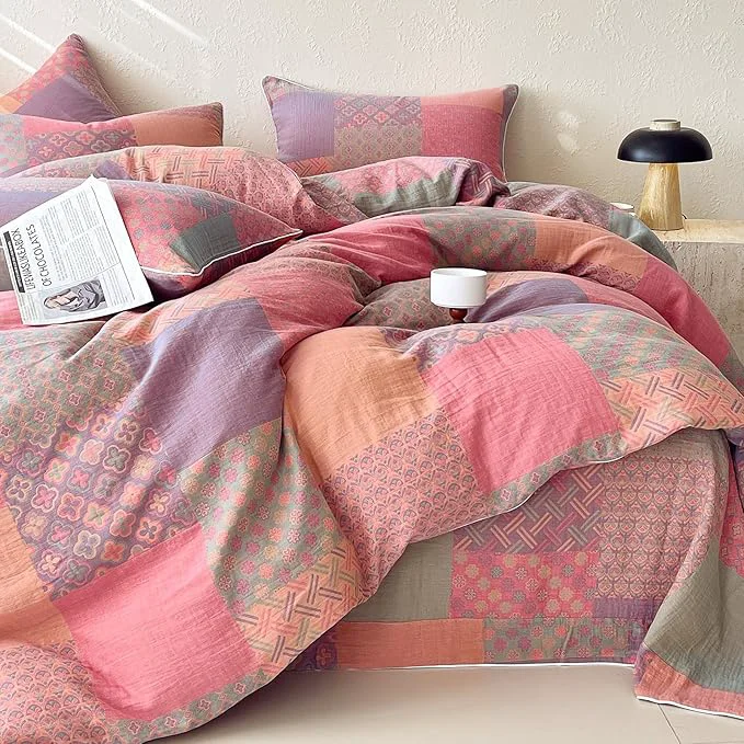 Organic mixinni Cotton Double Layer Yarn Duvet Cover Set Vintage Patchwork Floral Jacquard Textured Comforter Cover Reversible Boho Bedding Set with Pillowcases for All Season-King Size Exceptional