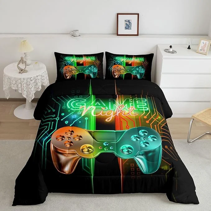 Official Feelyou Gamer Comforter Kids Gaming Video Game Comforter Set for Boys Teens Noverlty Modern Gamepad Bedding Set Breathable Gamer Console Bedding Duvet Set Bright Orange Green Room Decor Twin Size Secure