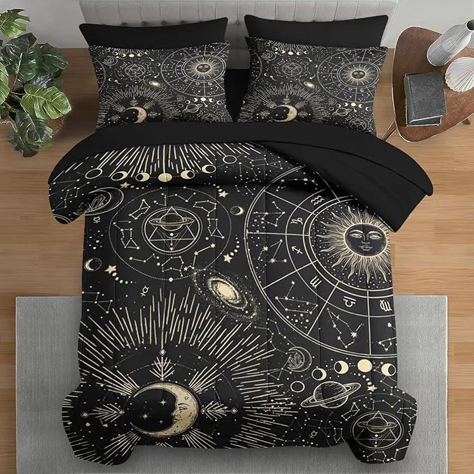 Relaxed Comforter Set Queen Size Sun Moon Astrology 7 Pcs Bedding for Kids and Adults Space Science Galaxy Retro Bed Sheet Sets with Fitted Sheet 2 Pillowcases amp 2 Shams for Bedroom Bed Decor First-Class