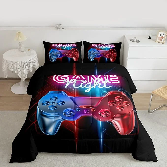 Authentic Feelyou Boys Gaming Comforter Set Toddler Size Teens Gamer Bedding Set Modern Blue Red Video Game Controller Comforter for Kids Children Youth Bedroom Decor Gamer Console Action Buttons Duvet Set Luxury