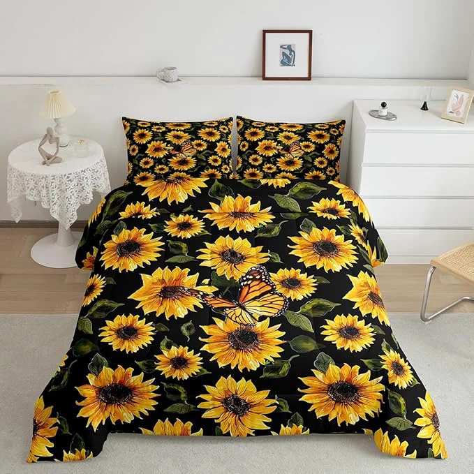 Lightweight Feelyou Sunflower Bedding Set Girls Yellow Floral Butterfly Comforter Chic Flowers Pattern Comforter Set for Kids Teens Botanical Nature Duvet Set Ultra Soft Room Decor Full Size… Superior