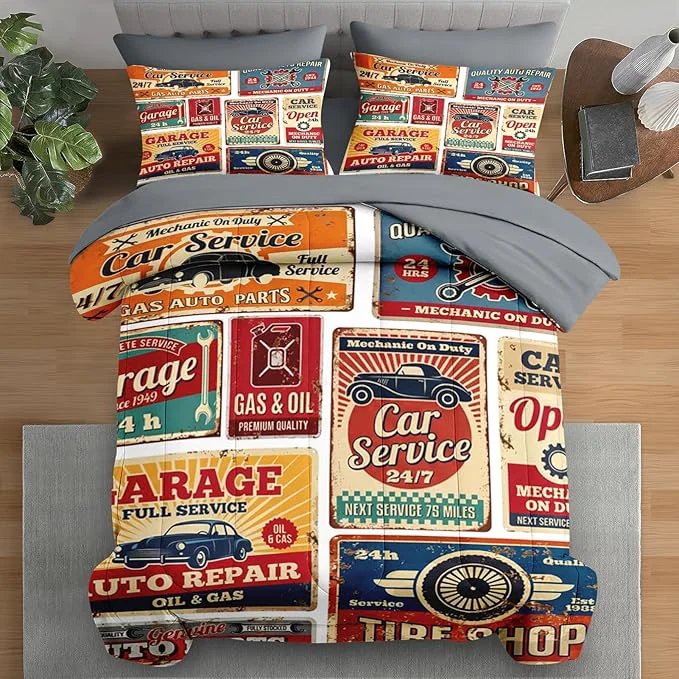 Contemporary Comforter Set Twin Size Vintage Car Auto 5 Pcs Bedding for Kids and Adults Retro Vehicle Automotive Bed Sheet Sets with Fitted Sheet Pillowcase amp Sham for Bedroom Bed Decor Modern