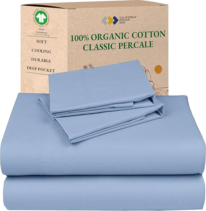 Versatile California Design Den California King Sheet Sets – Soft Organic Cotton Sheets Crisp and Cool Percale Deep Pockets with Anti-Skid Elastic Breathable and Durable Bedding Set – Light Blue Fine Crafted