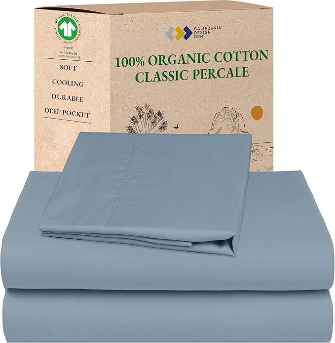 Pure California Design Den Twin Size Sheets Set – Soft Organic Cotton Sheets with Deep Pockets Crisp Percale Breathable and Durable Bedding Set – Blue Hydrangea Top-Quality