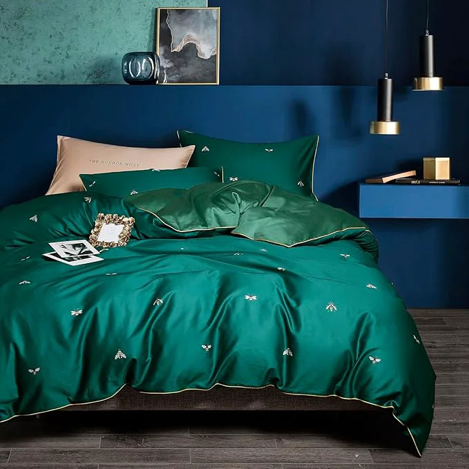 Fashionable mixinni Dark Green Duvet Cover Twin XL Size Long Staple Cotton Honeybee Floral Pattern 3pc Bedding Duvet Cover Set with Zipper Ties 2 Pillowcases for Him and Her-Twin XL Size Trendy