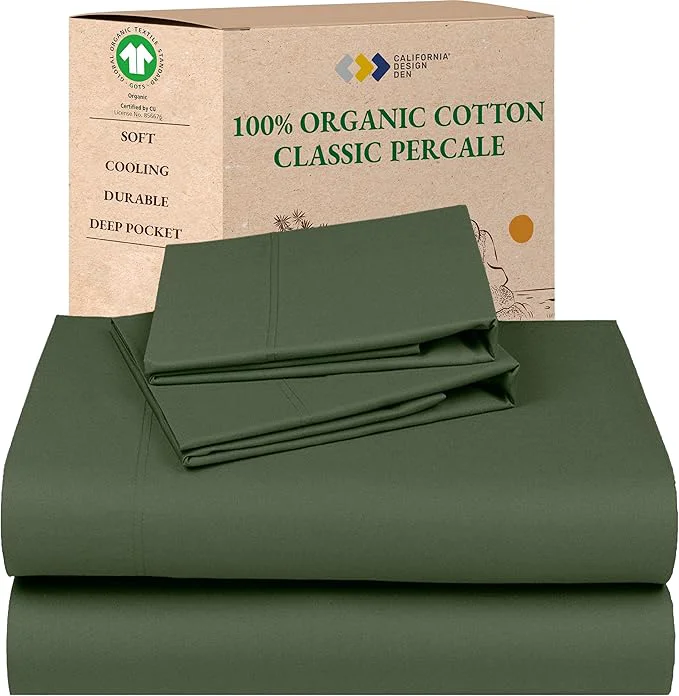 User-Friendly California Design Den Queen Sheets Set – Soft Organic Sheets with Deep Pockets Crisp Percale Breathable and Durable Bedding Set – Olive Green High-End