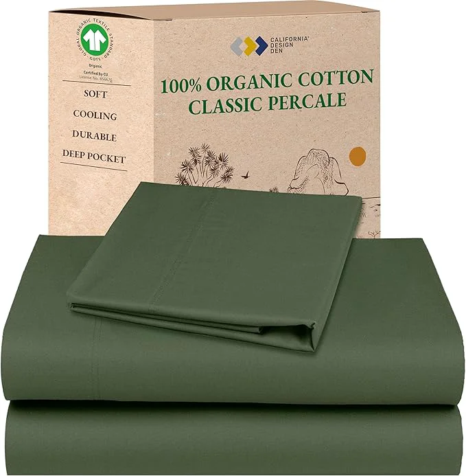 Detailed California Design Den Twin XL Sheets Cotton Set – Soft Organic Cotton Sheets Deep Pockets Crisp Percale Breathable and Durable Bedding Set for Dorms Hospitals – Olive Green Convenient
