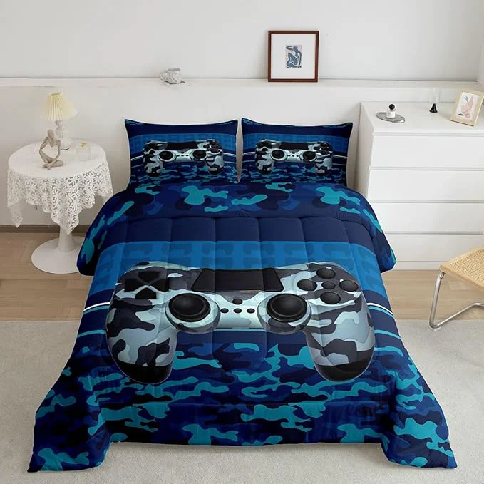 Casual Feelyou Gamer Comforter Set Camouflage Gaming Video Game Bedding Set for Kids Boys Children Blue Camo Gamer Console Comforter Soft Gamepad Decor Quilt Set Full Size Durable