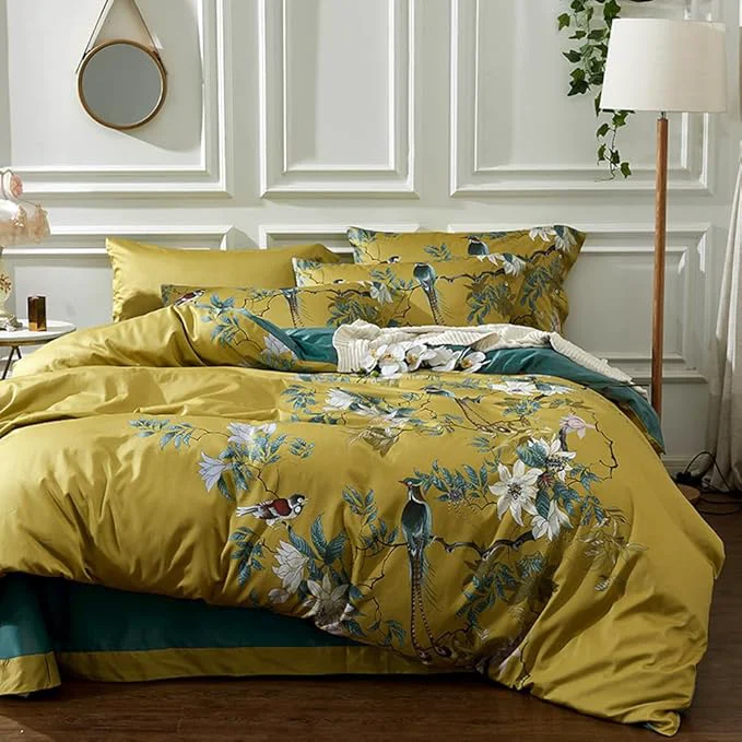 Soft mixinni Garden Style Cotton Flowers and Birds Pattern Printed Duvet Cover Reversible Design Peacock Blue 3 Piece Bedding Duvet Set with Zipper Closure for Him and Her-Queen Size Genuine