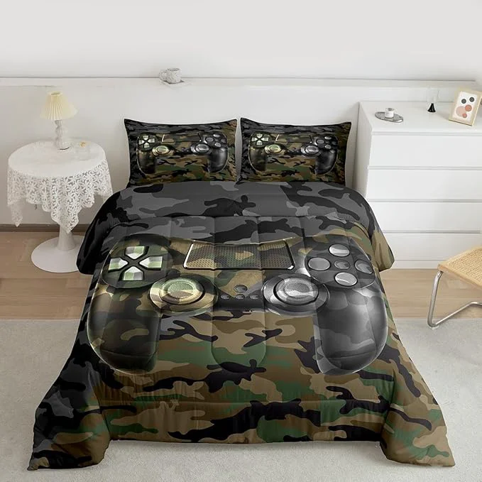 Fast Feelyou Kids Gamer Comforter Set Camouflage Gaming Bedding Set for Boys Teens Bedroom Green Black Camo Video Game Decor Comforter Gamer Console Quilt Set Queen Size Duvet Quilted 3Pcs Smart