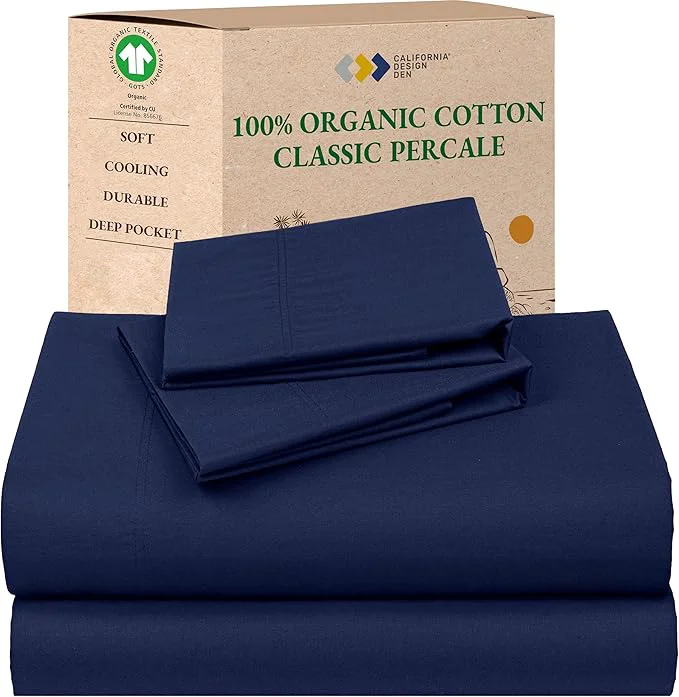 Premium California Design Den Soft Organic Cotton Sheets Full Size Set with Deep Pockets – Crisp Percale Breathable and Durable Bedding Set – Navy Blue Advanced