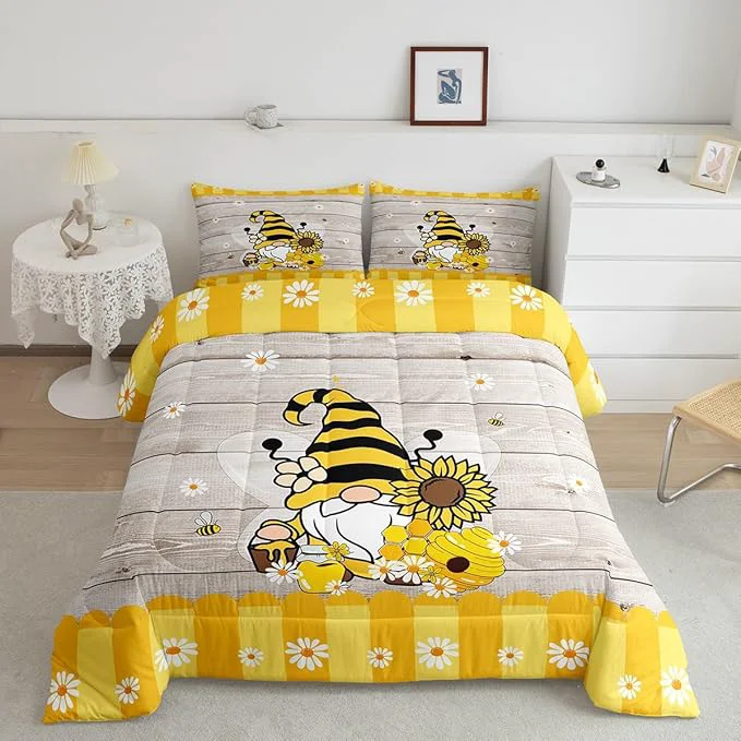 Next-Generation Erosebridal Bee Gnome Comforter Set Full Sunflower Daisy Floral Bedding Set for Kids Boys Girls Honeycomb Honey Can Duvet Set Home Room Decor Yellow Farm Cartoon Soft Down Comforter 3 Pcs Expertly Made